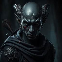 A dramatic and intense portrayal of a rogue elf with deep black skin, featuring striking visuals such as sin ojos (without eyes), which adds an enigmatic and haunting quality to his character