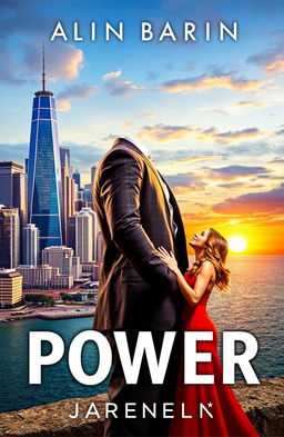 A captivating book cover featuring a bustling cityscape on the shore of the sea, showcasing tall skyscrapers and vibrant architecture