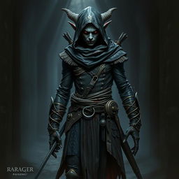 A full-body depiction of a rogue elf with rich black skin and striking sin ojos (without eyes), creating an eerie and mysterious presence