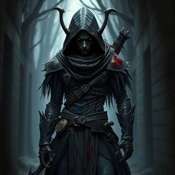 A full-body depiction of a rogue elf with rich black skin and striking sin ojos (without eyes), creating an eerie and mysterious presence