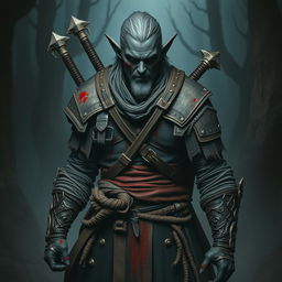 A striking full-body portrayal of a witcher elf with beautiful black skin, featuring sin ojos (without eyes), which adds a mysterious and haunting element to his character