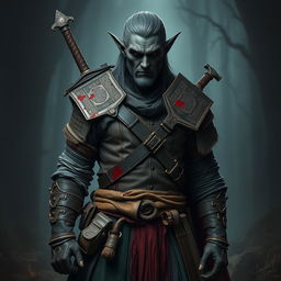 A striking full-body portrayal of a witcher elf with beautiful black skin, featuring sin ojos (without eyes), which adds a mysterious and haunting element to his character