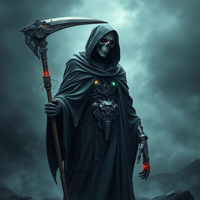 An imposing depiction of a cyborg representing Death, merging elements of the traditional Grim Reaper with advanced technological features