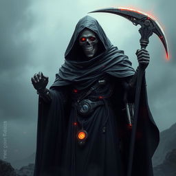An imposing depiction of a cyborg representing Death, merging elements of the traditional Grim Reaper with advanced technological features