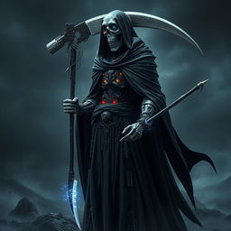 An imposing depiction of a cyborg representing Death, merging elements of the traditional Grim Reaper with advanced technological features