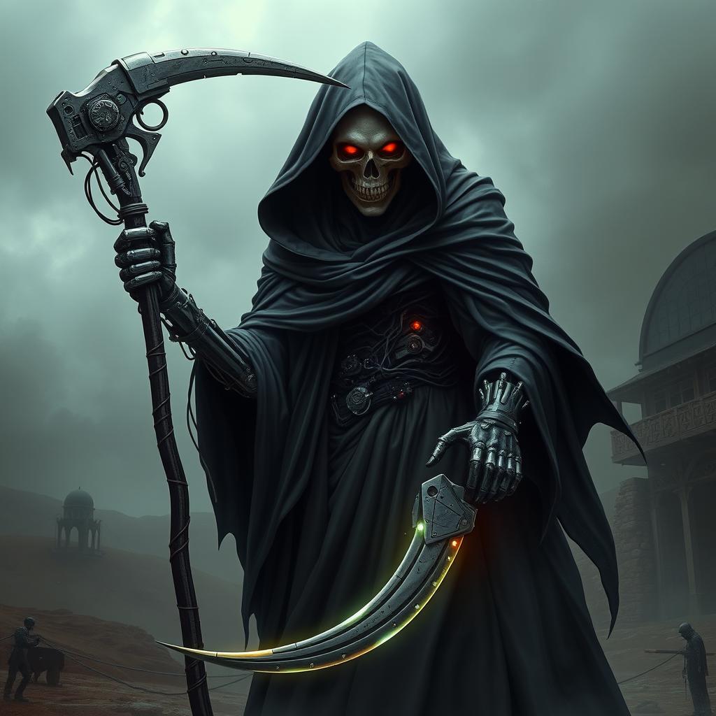 An imposing depiction of a cyborg representing Death, merging elements of the traditional Grim Reaper with advanced technological features