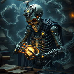An intricate and dramatic depiction of a cyborg embodiment of Death, adorned with gears and mechanical components intricately woven throughout his body