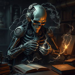 An intricate and dramatic depiction of a cyborg embodiment of Death, adorned with gears and mechanical components intricately woven throughout his body