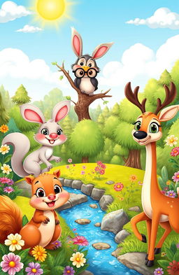 A vibrant and colorful cartoon scene depicting a variety of cute and friendly animals in a whimsical forest setting