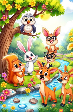 A vibrant and colorful cartoon scene depicting a variety of cute and friendly animals in a whimsical forest setting