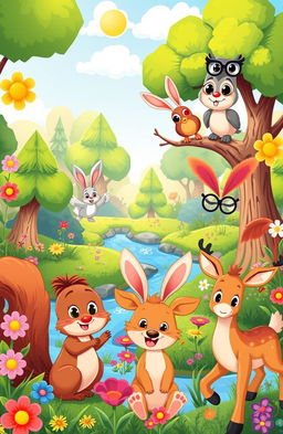 A vibrant and colorful cartoon scene depicting a variety of cute and friendly animals in a whimsical forest setting