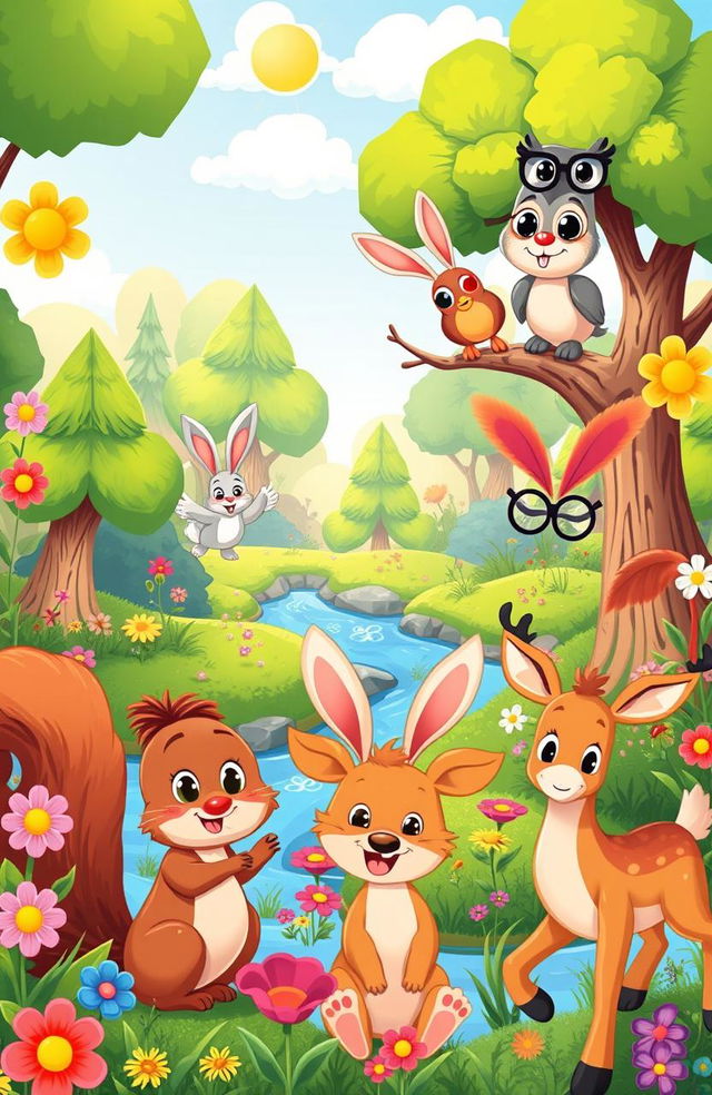 A vibrant and colorful cartoon scene depicting a variety of cute and friendly animals in a whimsical forest setting