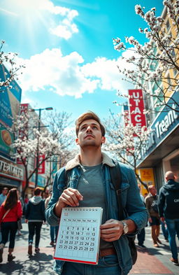 A man in his thirties experiencing a time loop, with a mix of emotions, holding a calendar in hand as he walks through a bustling city street, past vivid advertisements and colorful shops, with trees blooming in spring around him