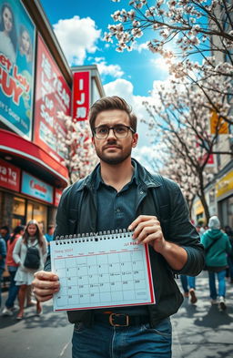 A man in his thirties experiencing a time loop, with a mix of emotions, holding a calendar in hand as he walks through a bustling city street, past vivid advertisements and colorful shops, with trees blooming in spring around him