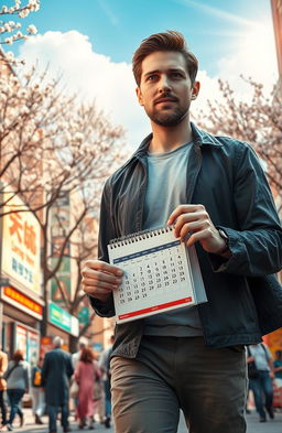 A man in his thirties experiencing a time loop, with a mix of emotions, holding a calendar in hand as he walks through a bustling city street, past vivid advertisements and colorful shops, with trees blooming in spring around him