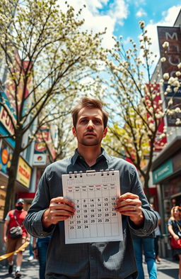 A man in his thirties experiencing a time loop, with a mix of emotions, holding a calendar in hand as he walks through a bustling city street, past vivid advertisements and colorful shops, with trees blooming in spring around him