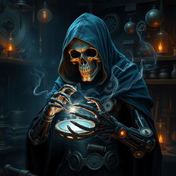 A striking depiction of a cyborg embodiment of Death, featuring a cloaked figure infused with advanced mechanical elements and gears intricately woven throughout his body