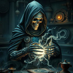A striking depiction of a cyborg embodiment of Death, featuring a cloaked figure infused with advanced mechanical elements and gears intricately woven throughout his body