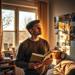 A man in his late twenties, standing in a cozy apartment filled with mementos from the past year, looking contemplative as he holds a diary filled with memories