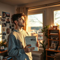 A man in his late twenties, standing in a cozy apartment filled with mementos from the past year, looking contemplative as he holds a diary filled with memories