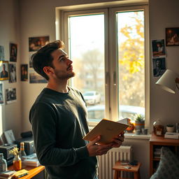 A man in his late twenties, standing in a cozy apartment filled with mementos from the past year, looking contemplative as he holds a diary filled with memories
