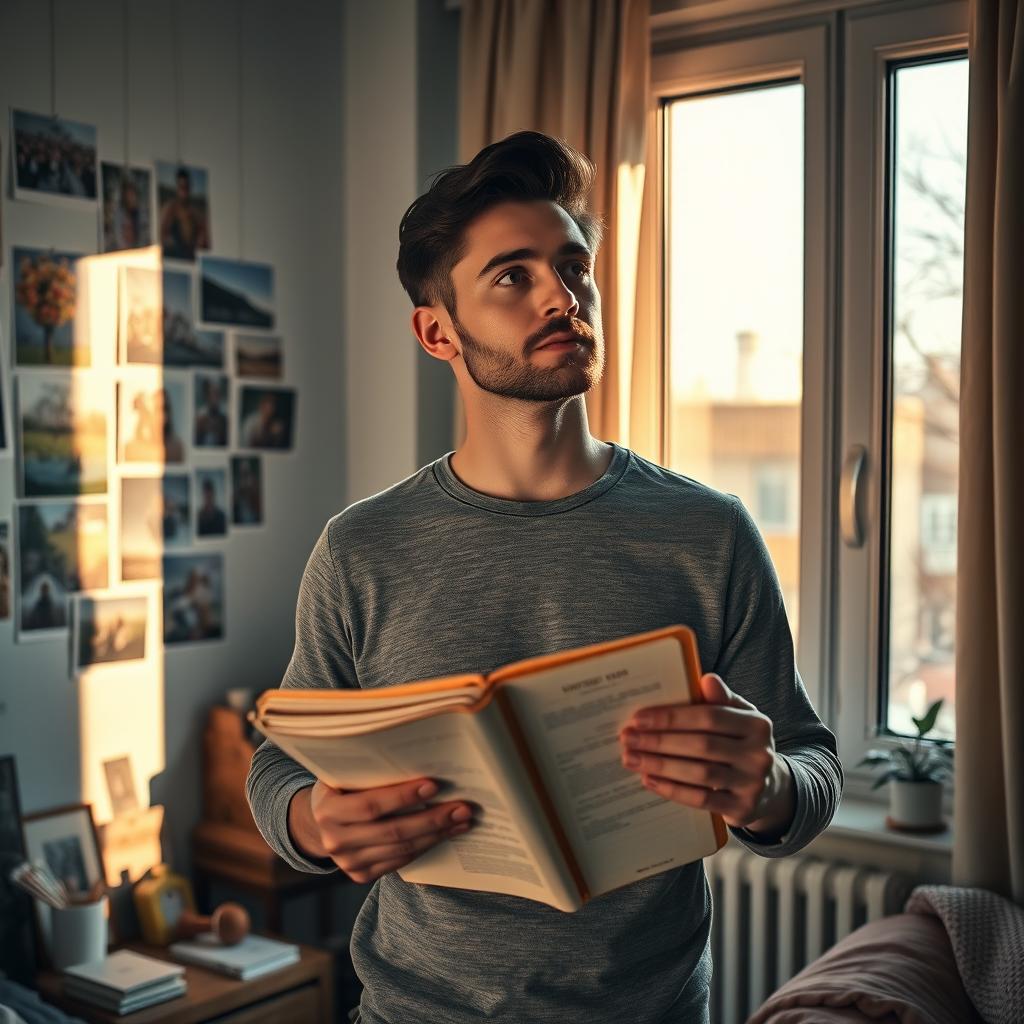 A man in his late twenties, standing in a cozy apartment filled with mementos from the past year, looking contemplative as he holds a diary filled with memories