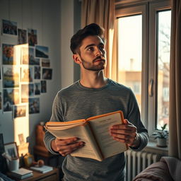 A man in his late twenties, standing in a cozy apartment filled with mementos from the past year, looking contemplative as he holds a diary filled with memories