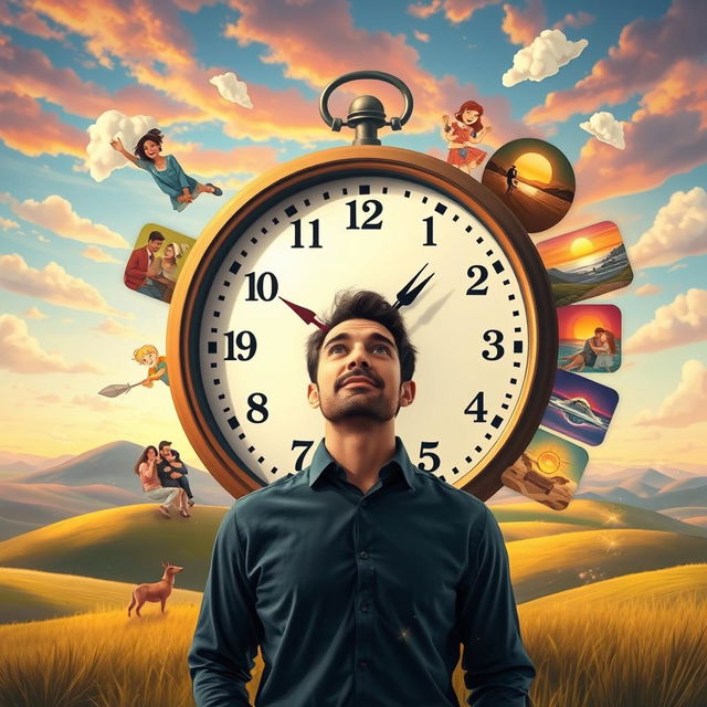 A whimsical scene depicting a man experiencing 'do-over days,' standing in front of a large clock that has its hands spinning backward