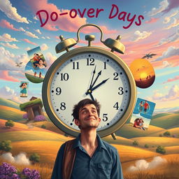 A whimsical scene depicting a man experiencing 'do-over days,' standing in front of a large clock that has its hands spinning backward