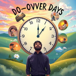 A whimsical scene depicting a man experiencing 'do-over days,' standing in front of a large clock that has its hands spinning backward