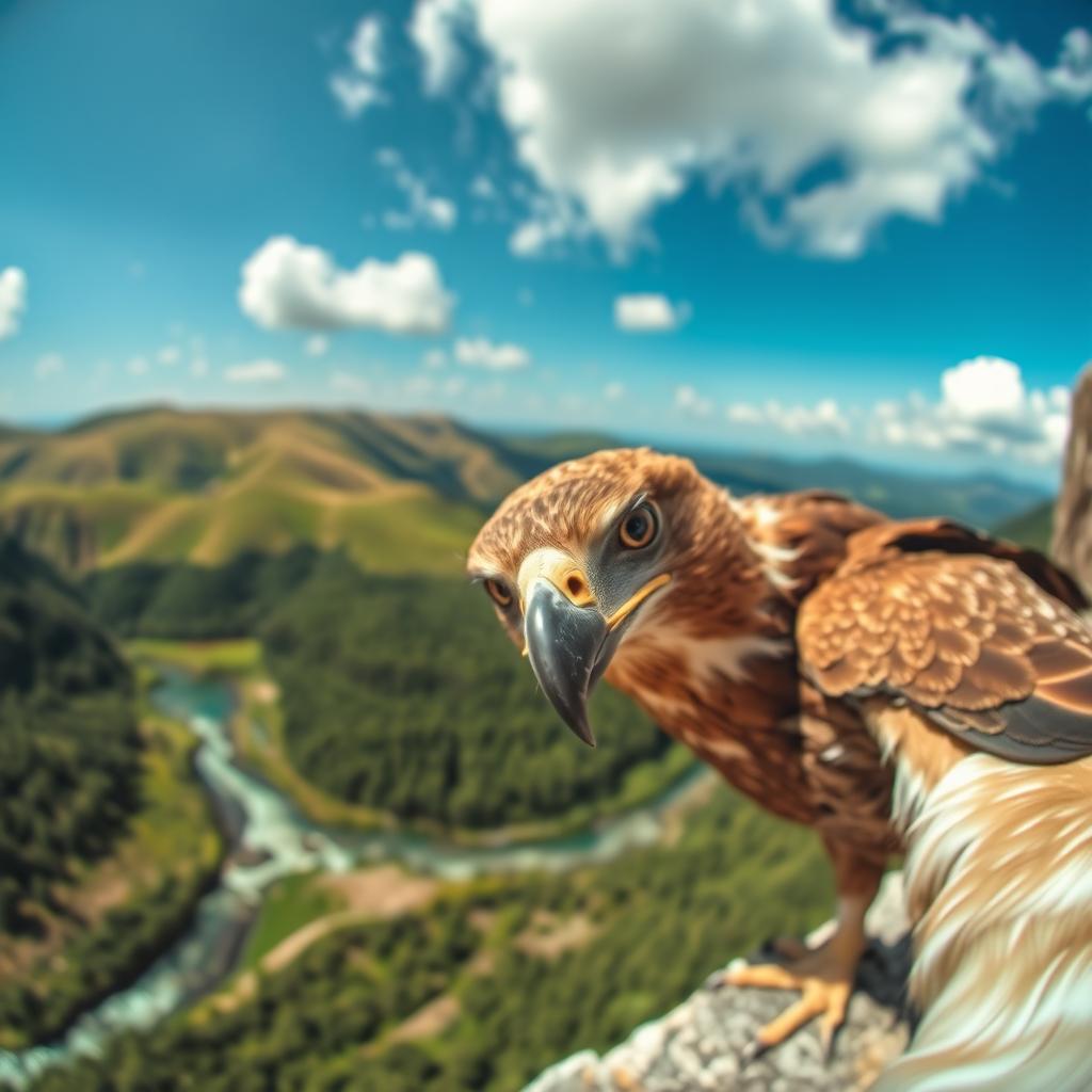 A captivating scene featuring a curious animal looking down from a high vantage point