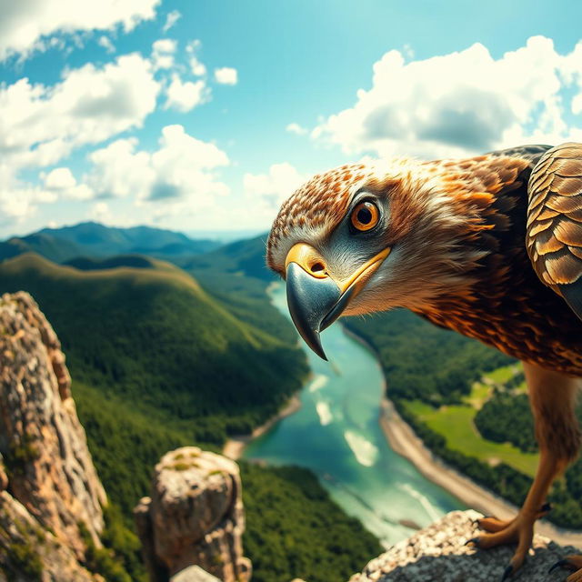 A captivating scene featuring a curious animal looking down from a high vantage point