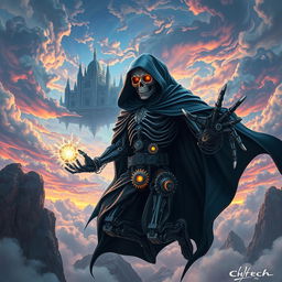 A striking representation of a cyborg embodiment of Death, featuring a cloaked figure with gears intricately woven throughout his mechanical body