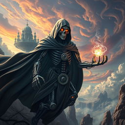 A striking representation of a cyborg embodiment of Death, featuring a cloaked figure with gears intricately woven throughout his mechanical body
