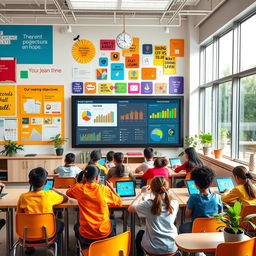 A vibrant and inspiring creative dashboard in a modern classroom, featuring colorful and engaging elements such as interactive charts, inspirational quotes on the walls, and a variety of student artwork displayed prominently