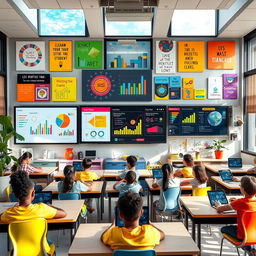 A vibrant and inspiring creative dashboard in a modern classroom, featuring colorful and engaging elements such as interactive charts, inspirational quotes on the walls, and a variety of student artwork displayed prominently