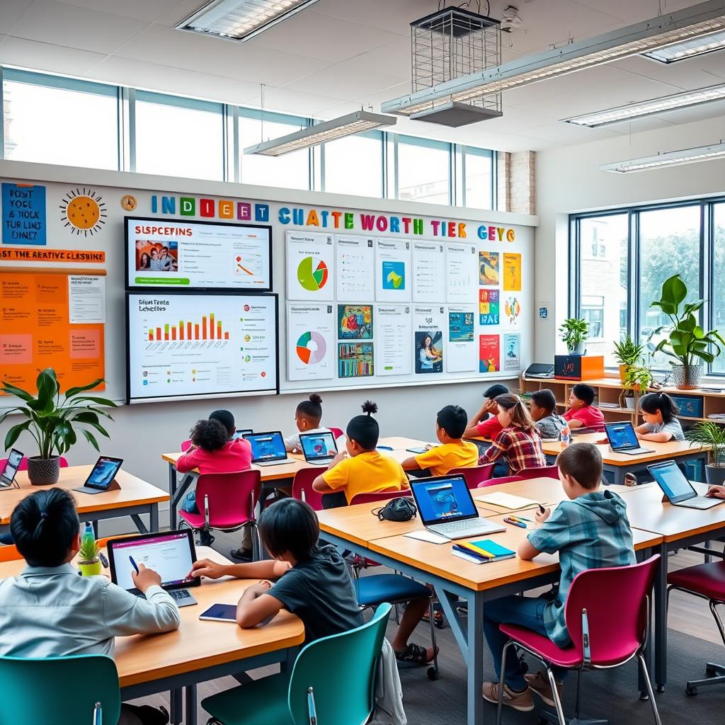 A vibrant and inspiring creative dashboard in a modern classroom, featuring colorful and engaging elements such as interactive charts, inspirational quotes on the walls, and a variety of student artwork displayed prominently