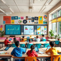 A vibrant and inspiring creative dashboard in a modern classroom, featuring colorful and engaging elements such as interactive charts, inspirational quotes on the walls, and a variety of student artwork displayed prominently