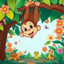 A whimsical cartoon illustration of a cute animal looking down from a tree branch