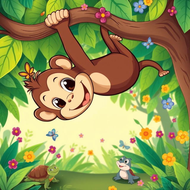 A whimsical cartoon illustration of a cute animal looking down from a tree branch