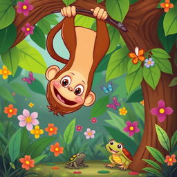 A whimsical cartoon illustration of a cute animal looking down from a tree branch