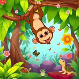 A whimsical cartoon illustration of a cute animal looking down from a tree branch