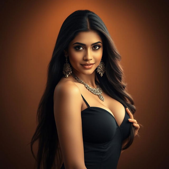 A seductive and confident Indian woman poses in an alluring manner, showcasing her captivating beauty in a fashionable and elegant outfit that highlights her figure