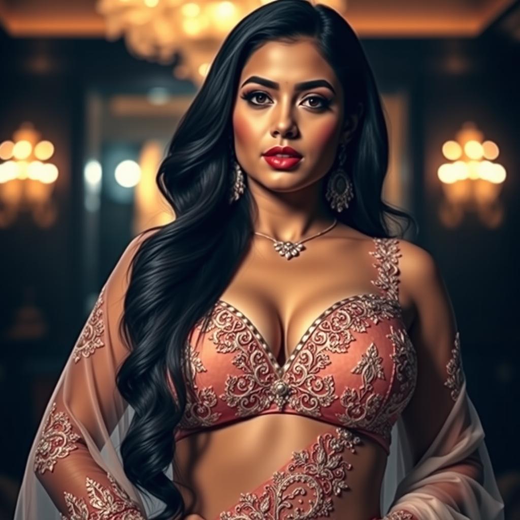 A seductive Indian woman exuding confidence and allure, showcasing her voluptuous figure and accentuating her cleavage