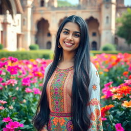 A beautiful Pakistani girl with long black hair and traditional clothing, elegantly posed in a lush garden surrounded by vibrant flowers