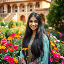 A beautiful Pakistani girl with long black hair and traditional clothing, elegantly posed in a lush garden surrounded by vibrant flowers