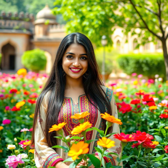 A beautiful Pakistani girl with long black hair and traditional clothing, elegantly posed in a lush garden surrounded by vibrant flowers