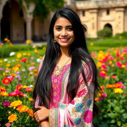 A beautiful Pakistani girl with long black hair and traditional clothing, elegantly posed in a lush garden surrounded by vibrant flowers