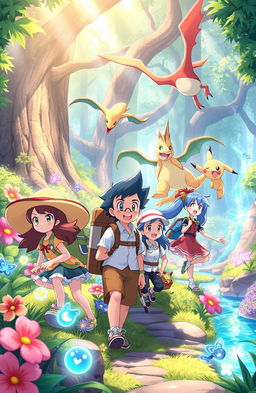 A vibrant and adventurous scene featuring a group of trainers and their Pokémon exploring a lush, enchanted forest
