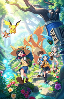A vibrant and adventurous scene featuring a group of trainers and their Pokémon exploring a lush, enchanted forest